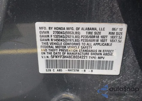 2012 Honda Pilot Ex z USA, uszkodzony, nr VIN 5FNYF3H48CB034221